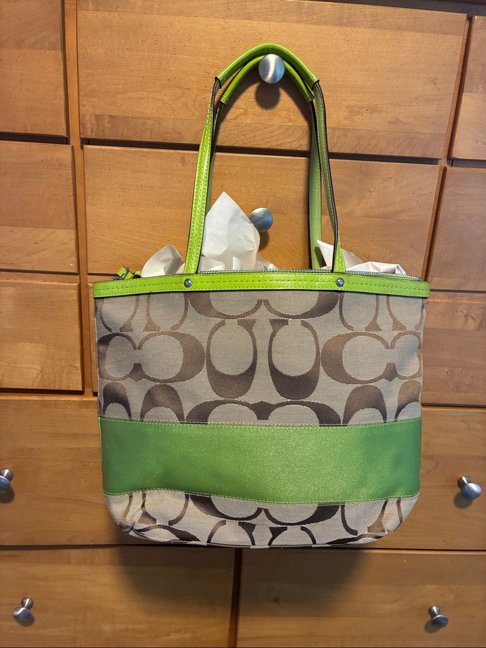 Coach Khaki and Lime Green Signature Tote